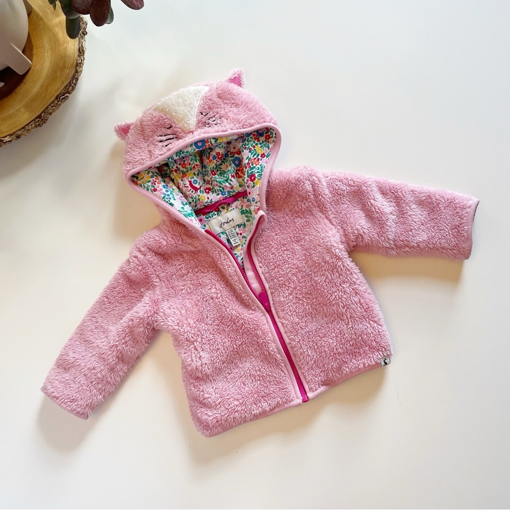 Joules Pink Cat Cuddle Zip Through Recycled Fleece Jacket | 6-9m
